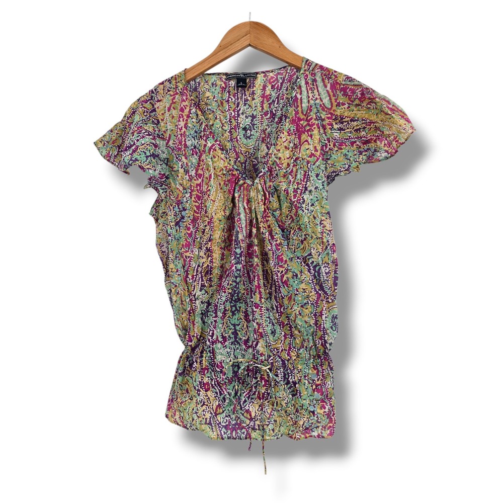 American Living Womens Paisley Cotton V-Neck Drawstring Blouse Multicolor Large